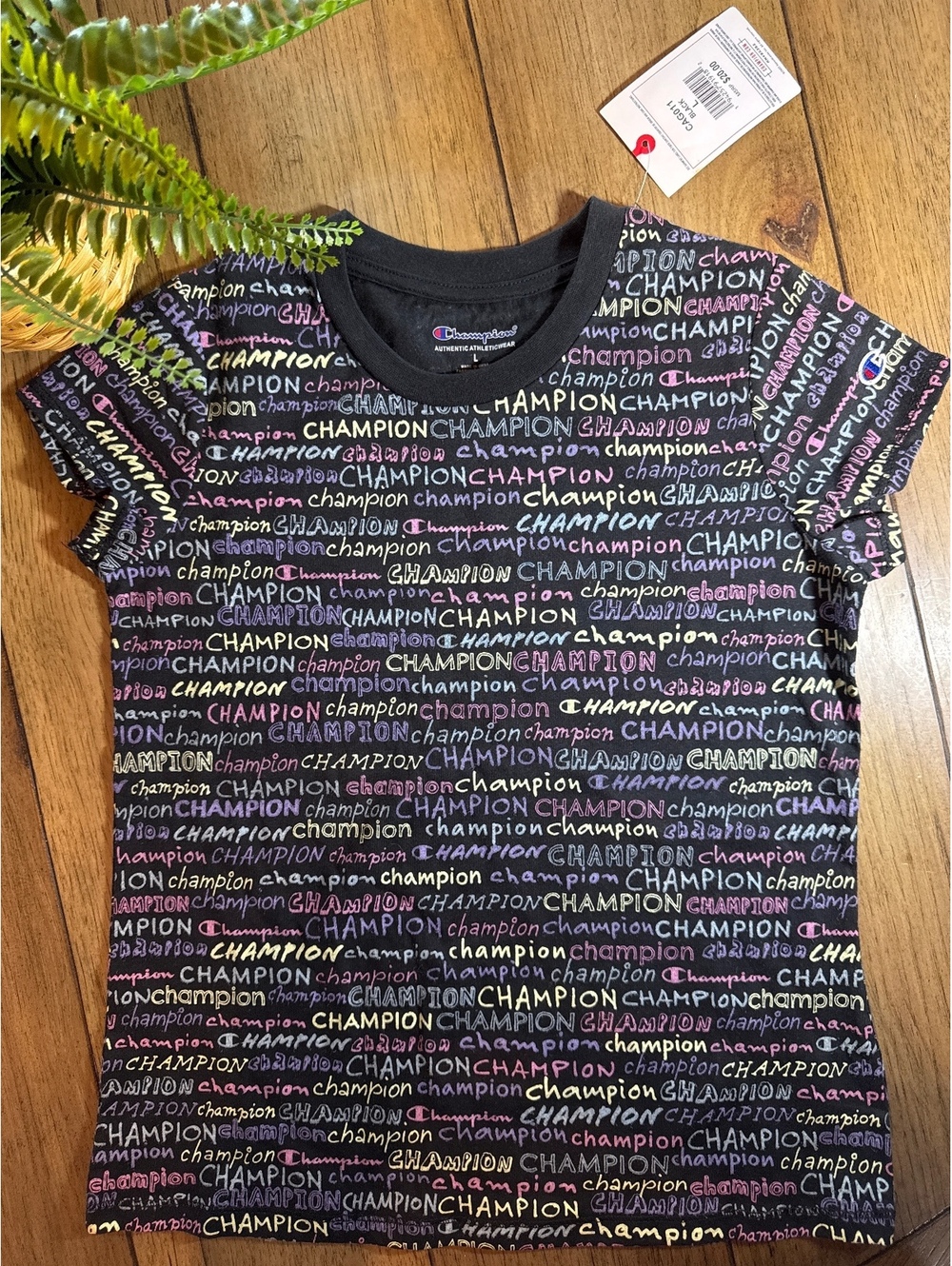 Champion Girls Allover Logo Print T-Shirt Large Black Multicolor NWT